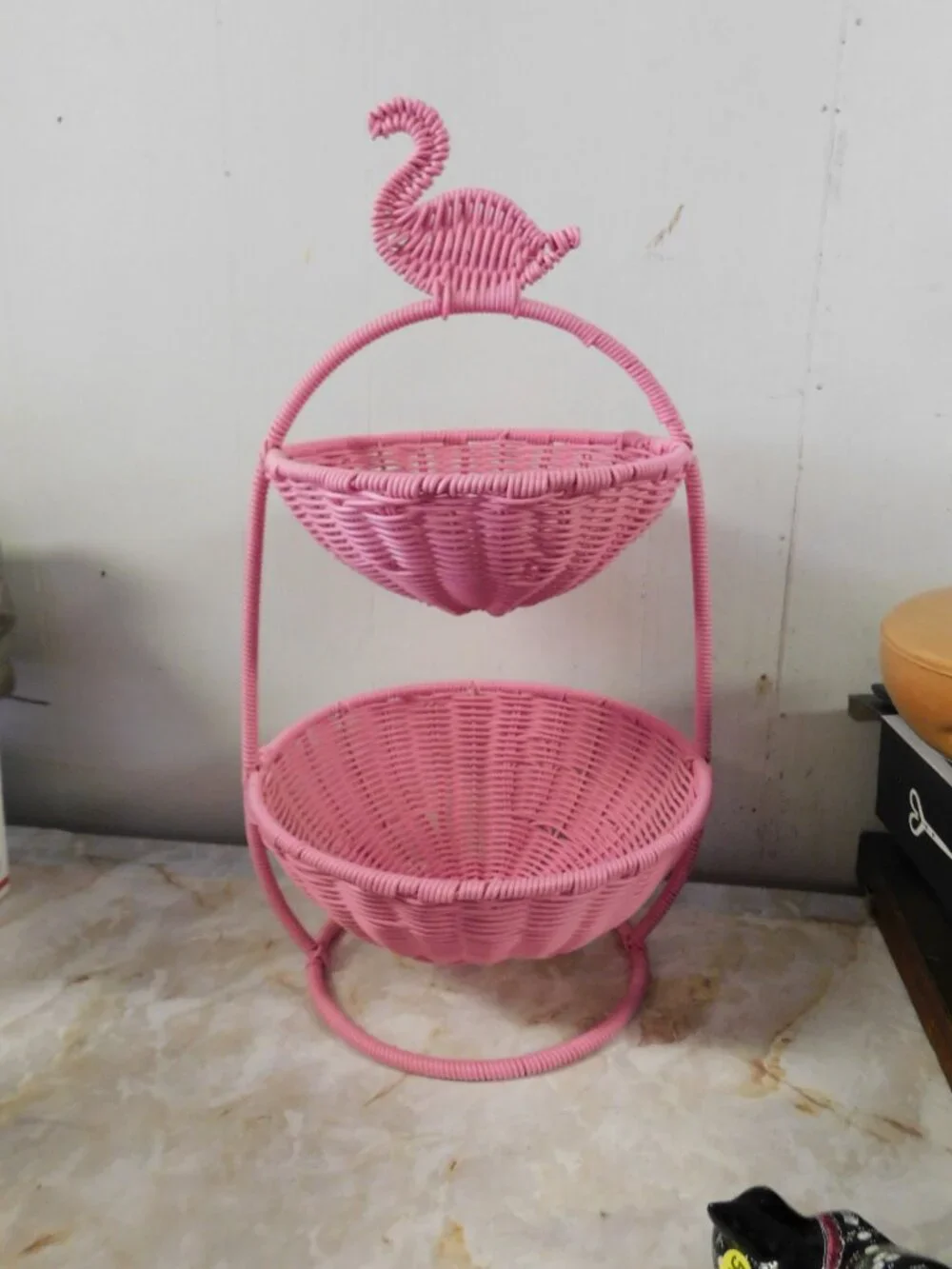 Pink Flamingo Wicker Rattan Woven Two Tier Basket